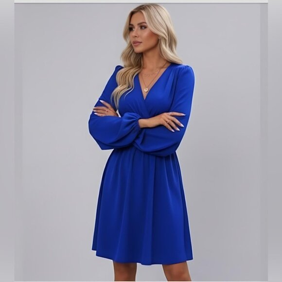 Lantern Sleeve Ruched Waist Dress Blue - Picture 2 of 10